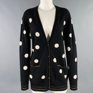 LE SUPERBE Size S Black White Wool Cashmere Polka Dot V-Neck Cardigan